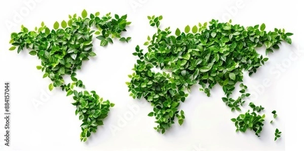 Fototapeta Ecological concept with globe map pattern and leaves on a white background.