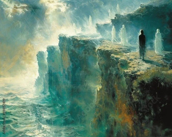 Obraz Create a surrealistic painting of a person standing at the edge of a mystical river, with spirits and ancestors appearing in the water's reflection.