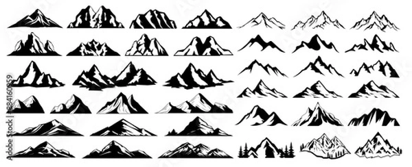 Obraz Set of vector mountain silhouette or vintage hill peak outline for forest logo or nature landscape design. Mountain silhouette pattern for hiking or camping business. Summer mountain travel line art.