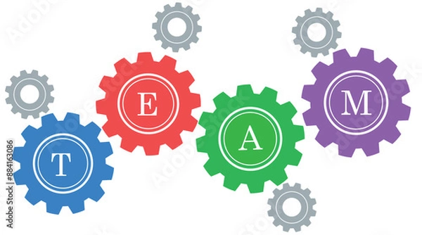 Fototapeta team work concept with multicolored gears, word lettering typography design illustration