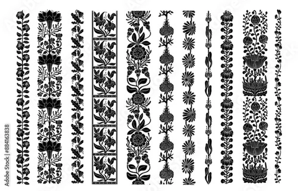 Obraz Vector set of seamless borders, black symmetry flower composition isolated on white background. Folk art style illustration