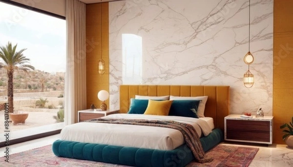 Obraz Modern bedroom concept for 2025 with bright ambiance, featuring sleek furniture, and vibrant colors