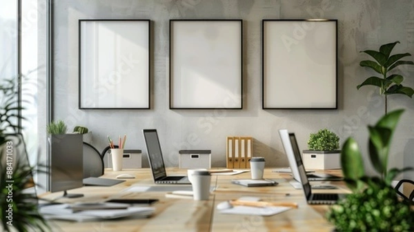 Obraz A white office with three empty picture frames on the wall