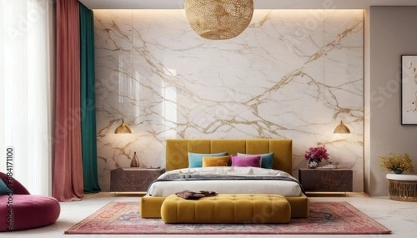Obraz Modern bedroom concept for 2025 with bright ambiance, featuring sleek furniture, and vibrant colors