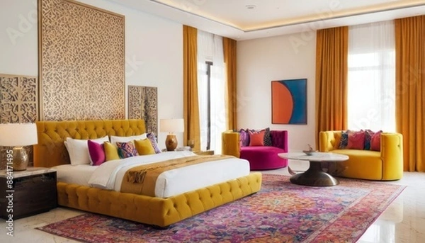 Obraz Modern bedroom concept for 2025 with bright ambiance, featuring sleek furniture, and vibrant colors