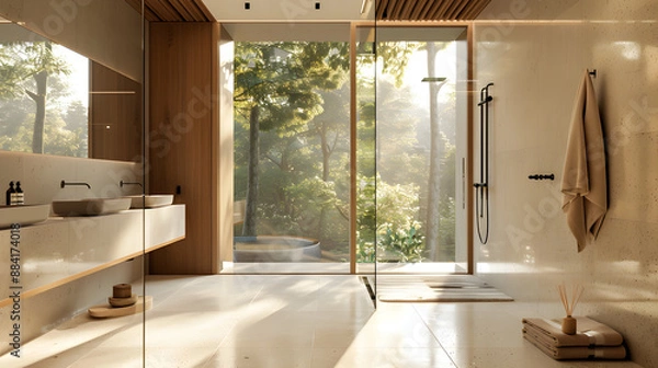 Fototapeta A bathroom with a large window that lets in sunlight and a view of a forest