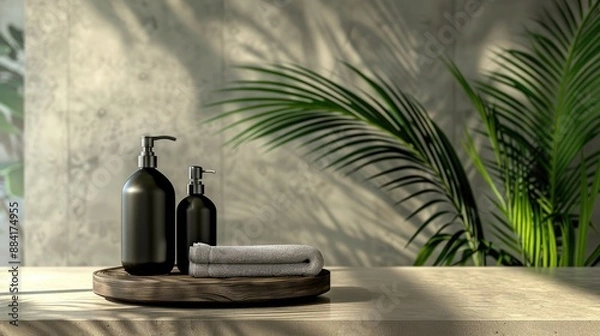 Fototapeta Spa and resort with space for copy dispenser for liquid soap and shampoo