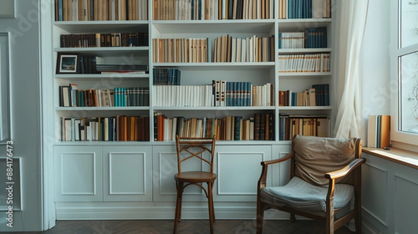Fototapeta A white room with a white chair and a white bookshelf