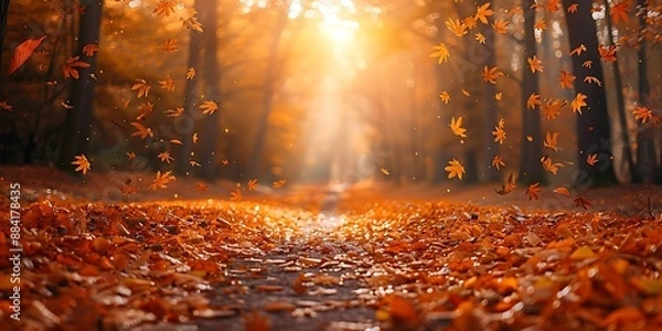 Fototapeta Autumn path covered in fallen leaves with warm sunlight
