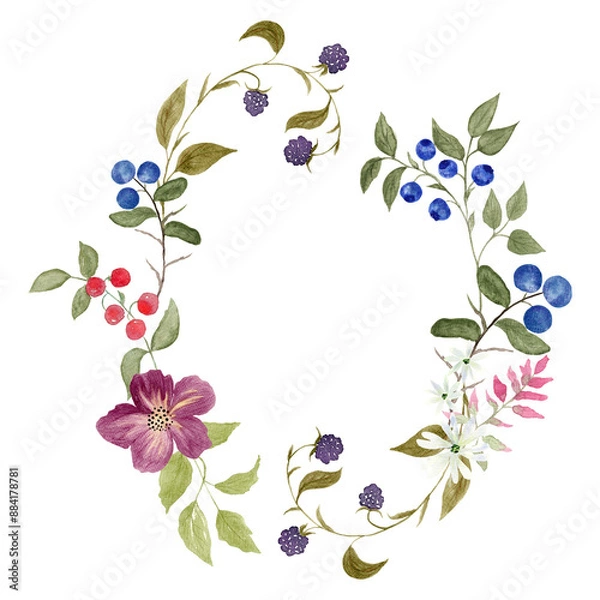 Fototapeta Hand painted watercolor berry wildflower wreath with floral round frame and place for text isolated on transparent background. For wedding cards, invitations, save the date