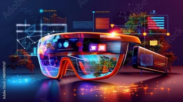 Fototapeta Augmented reality, AR glasses overlaying information, flat design illustration 