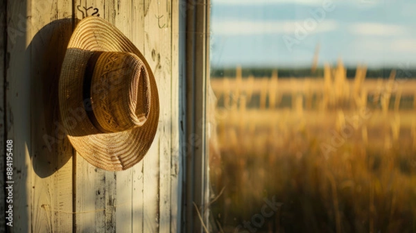 Fototapeta A minimalist view of a farmers hat hanging on a hook with a blurred field through a window