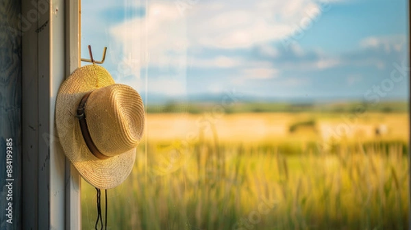Fototapeta A minimalist view of a farmers hat hanging on a hook with a blurred field through a window
