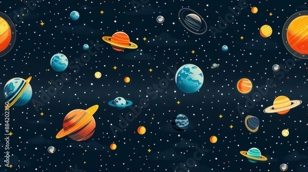 Fototapeta Retrofuturistic seamless space pattern with planets and stars