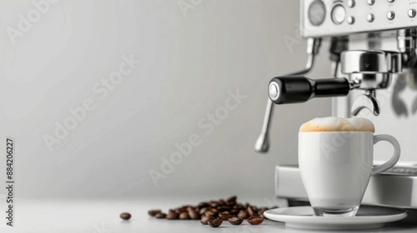 Fototapeta An espresso machine in action, brewing a cup of cappuccino with froth, accompanied by coffee beans. Perfect for cafe promotions and coffee lovers.