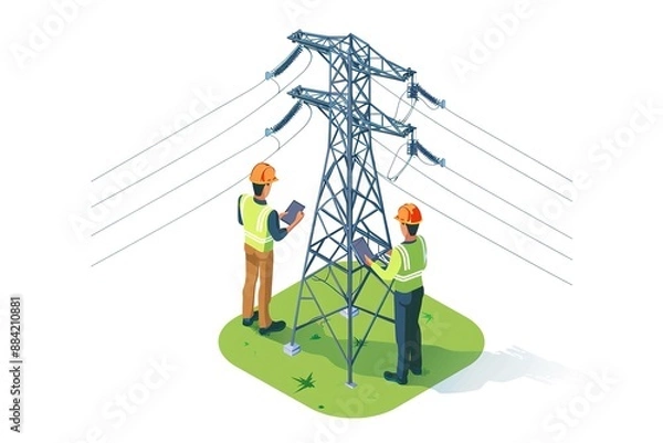 Fototapeta Transformer Maintenance of voltage Factory Electric Energy Distribution Chain work at height repair of power lines Engineer talking worker