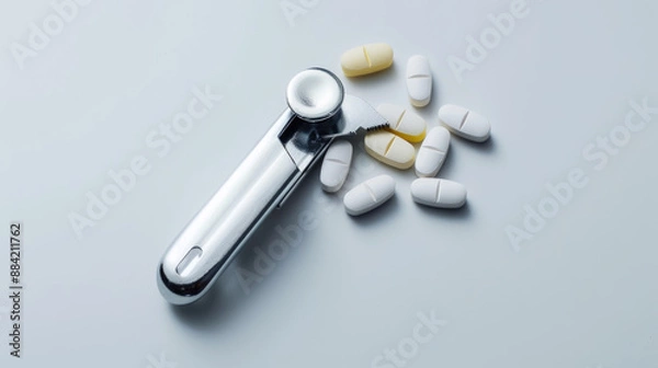 Fototapeta A single pill cutter on a white background, symbolizing medication management