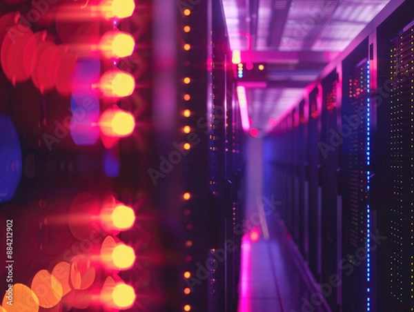 Fototapeta Minimalistic view inside a server room, focusing on a single server rack with glowing LED lights