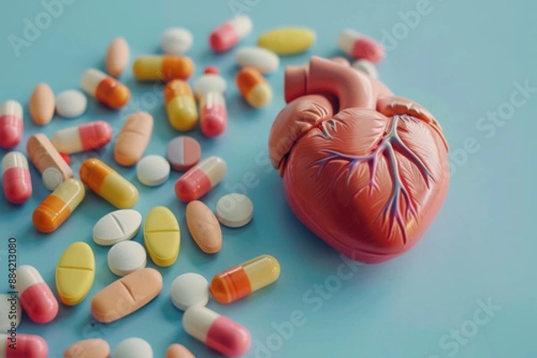 Fototapeta A simple shot of a heart model next to various heart medications