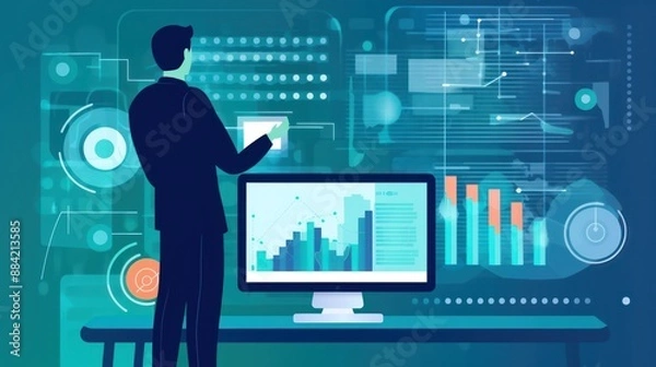 Fototapeta Businessman Analyzing Data on a Computer Screen