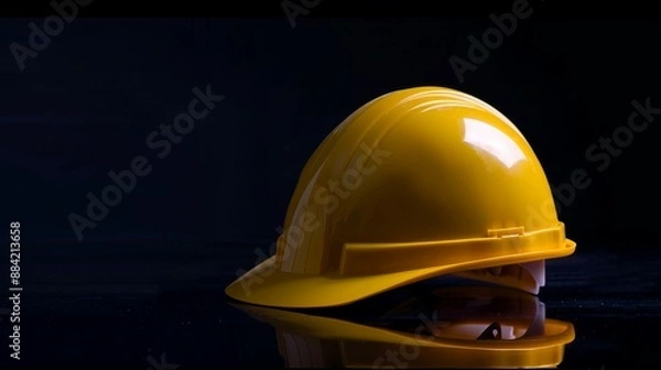 Obraz A yellow construction helmet displayed prominently against a dark background, emphasizing safety and durability in the construction industry with its bold color and solid build.
