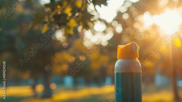 Fototapeta A simple inhaler against a soft focus background of a park, symbolizing asthma care