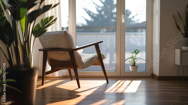 Fototapeta A white chair is sitting in front of a window with a plant in it