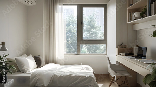 Fototapeta A room with a desk and a plant in front of a window
