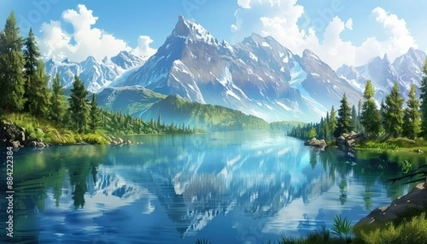 Fototapeta Generate a high quality digital matte painting of a mountain lake