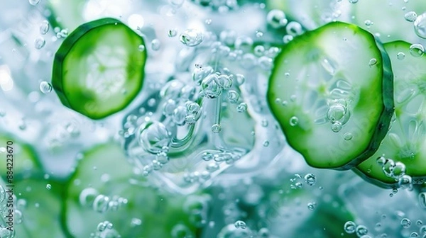 Fototapeta   Cucumbers on green leaves with water droplets