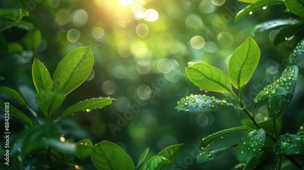 Fototapeta Raindrops on green leaves. The leaves are in focus, and the background is blurred. The raindrops are glistening in the sunlight.