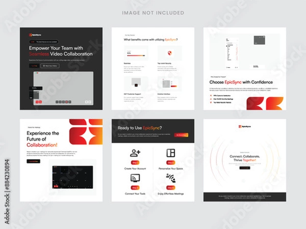 Fototapeta Set of modern and professional social media post templates promoting video collaboration software for teams.
