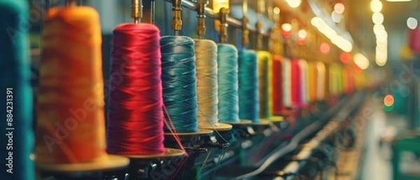 Obraz Rows of vibrant yarn spools in various colors aligned in a textile factory, ready for the manufacturing process.