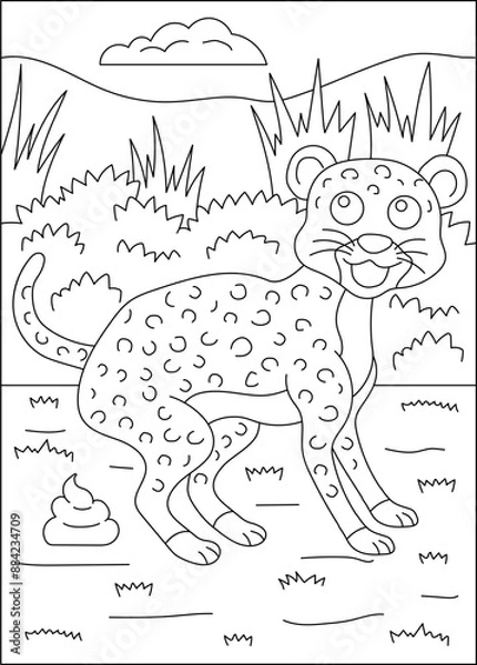 Fototapeta leopard funny pooping animal coloring book page