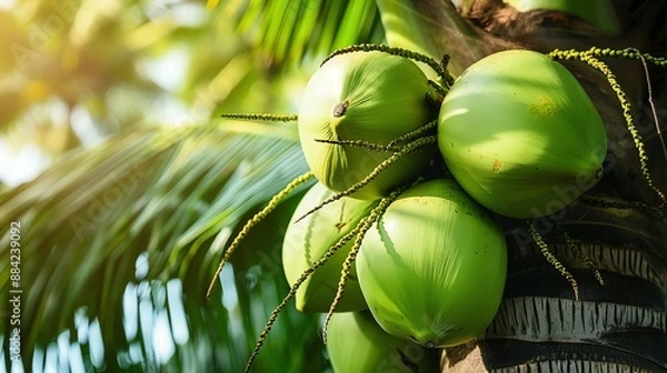 Obraz Close-up of green coconuts on palm tree.