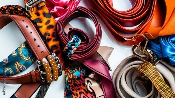Fototapeta Leather and fabric belts arranged on a white surface for a stylish composition