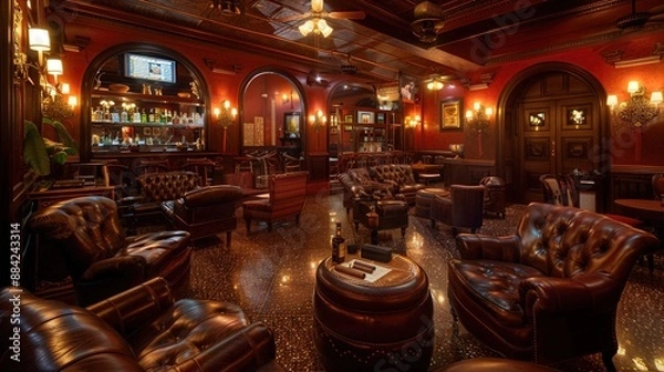 Fototapeta A Cuban cigar lounge with plush leather chairs and glowing sconces, against a backdrop of deep wine red, inviting relaxation and camaraderie among connoisseurs.