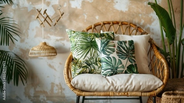 Fototapeta A trio of decorative accent pillows with botanical prints arranged on a rattan chair against a backdrop of natural woven straw, bringing a touch of nature indoors.