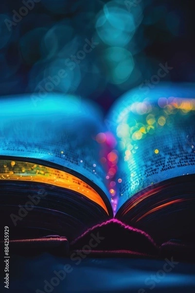 Fototapeta An open book titled "Who Now?" displays pages illuminated by vibrant, colorful lights, creating a magical and surreal atmosphere.