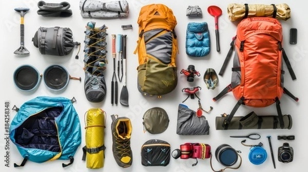 Obraz Exciting camping adventure: backpacks, boots, and essential gear displayed on a white table