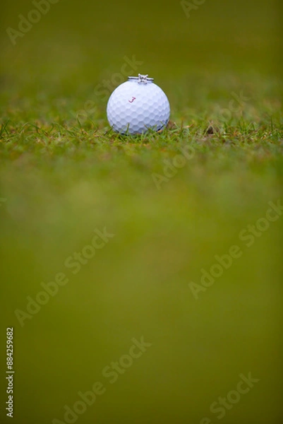 Obraz Golf ball with engagement ring on grass, symbolizing unique proposal