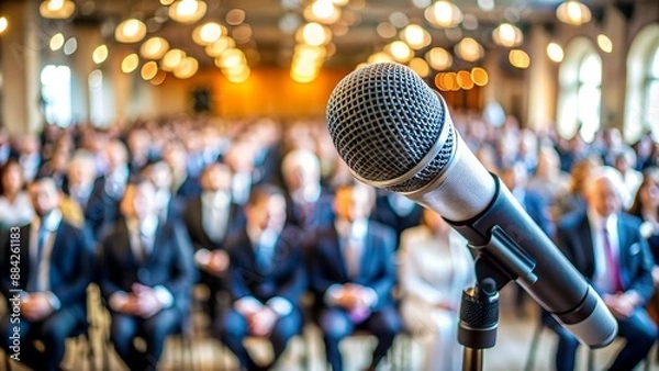 Fototapeta Close-up of a microphone with an audience in the background. Ideal for business presentations, conferences, or public speaking events.