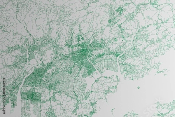 Fototapeta Map of the streets of Okayama (Japan) made with green lines on white paper. 3d render, illustration