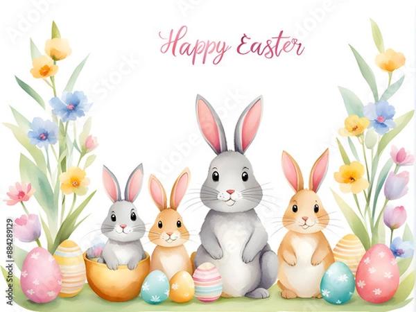 Obraz Adorable watercolor illustration of Easter bunnies surrounded by colorful eggs and vibrant spring flowers, with "Happy Easter" text, creating a charming and festive scene.