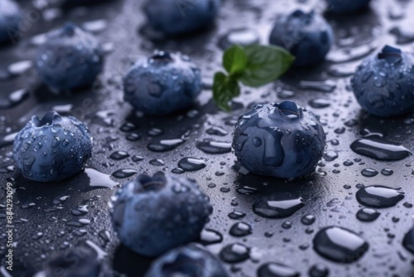 Fototapeta Close-up of juicy blueberries and basil leaf with dew, on a dark, wet background