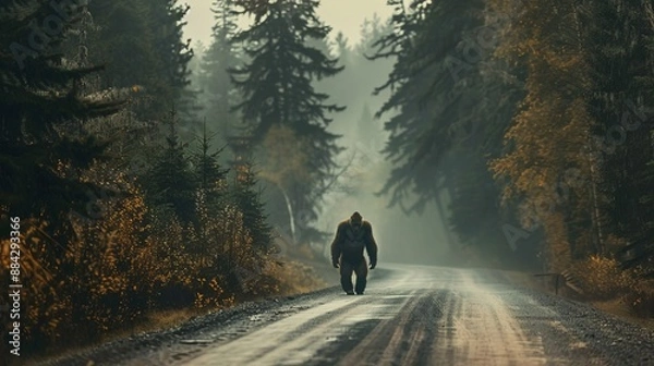 Fototapeta Depicting a large, humanoid Bigfoot-like creature walking down a misty forest road, adding a sense of mystery and intrigue, perfect for thriller and folklore themes.