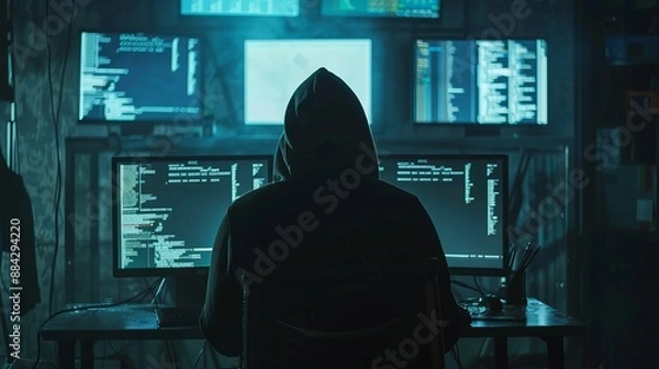Fototapeta A hooded hacker is shown working in a dimly lit setting, surrounded by numerous computer monitors filled with complex code and data, indicating an active cyber operation.