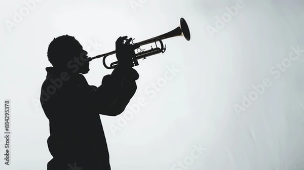 Fototapeta This minimalistic style photograph features a silhouetted musician playing the trumpet. The background is white, focusing attention on the player and the instrument.