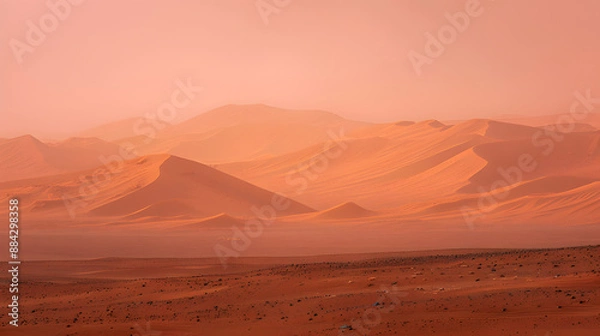 Fototapeta A photo of the Martian dunes, with a reddish sky as the background, during a sandstorm