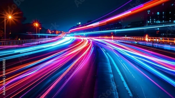 Fototapeta Vibrant neon light trails captured in motion, ideal for dynamic and futuristic visuals. 